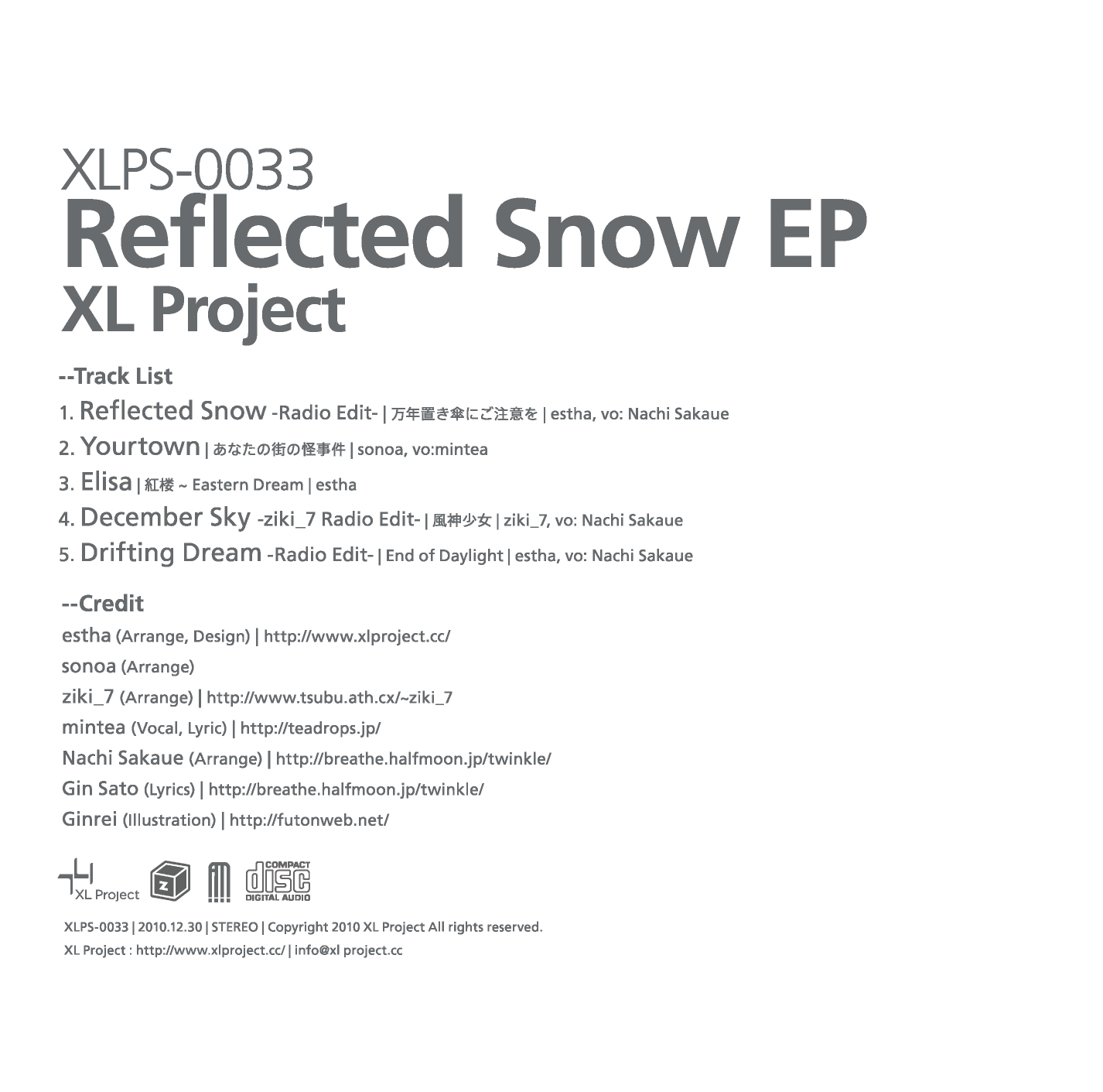 XLPS-0033 – Reflected Snow EP (東方Project Arrange EP)